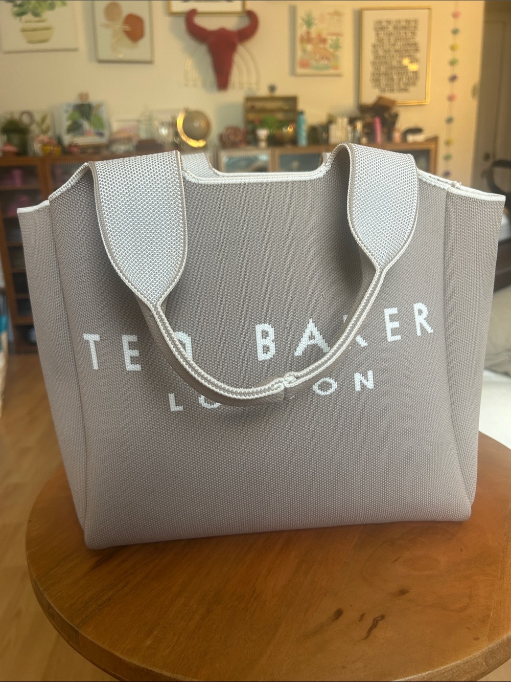 Ted Baker Neutral Taupe Canvas Shopper Tote with White Logo - Picture 8 of 11